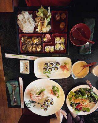 Top to bottom:   Beef negimaki bento box shiitake avo roll X 2 Ebi (shrimp) / Tai (red snapper) House salad