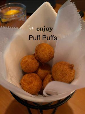 Puff puffs, served instead of chips, similar to Hush puppies but sweet.