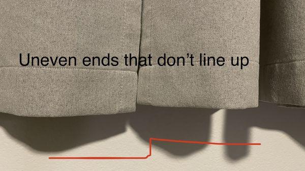 Both panels closed over the window and uneven lengths so you see one drops below the other when closed. It looks so cheap and tacky.