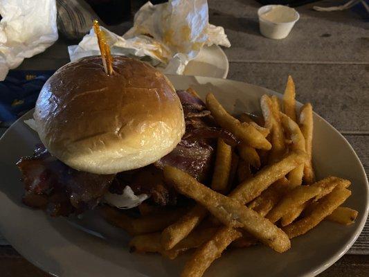 BLT burger with fries. Look at all of that bacon!