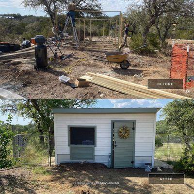 Chicken coop + run with electric wires at the top of fence and mulberry trees in the run we built in Dripping Springs!