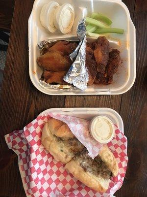 Cheesesteak, spicy honey mustard wings, and mild Sparky's favorite wings.