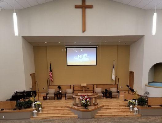 Picture of our podium and stage area where the word of God is preached