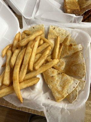 Fries and a cheese quesadilla