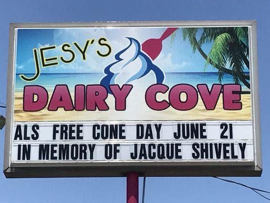 We will be sponsoring a FREE Sm. Cone day 6/21/17, taking donations for the ALS Association in memory of Jessica's aunt, Jacque Shively.