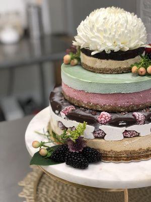 Celebration/wedding cake. Layers of pumpkin, vanilla, chocolate ganache, beet honey and mint.