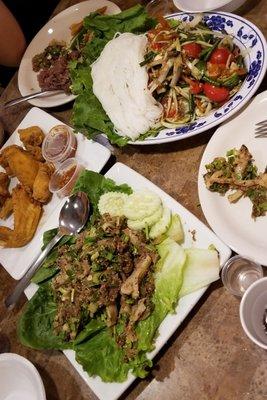 Chicken wangz, papaya salad, laab beef.... all very tasty