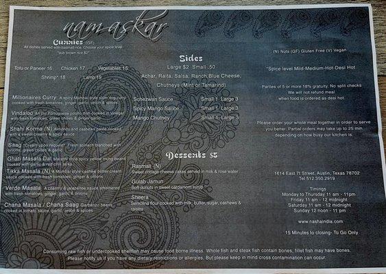 Menu (back side)