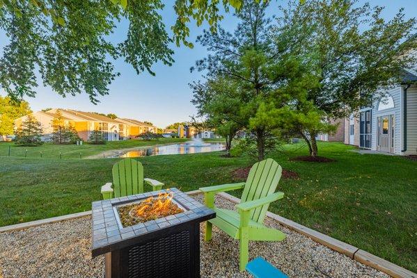 Rentable fire pit with pond views