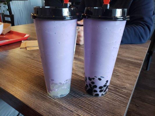 Try the taro smoothies. One on the left is with lychee jelly, one on right is with boba. Pick lychee if you like it sweeter!