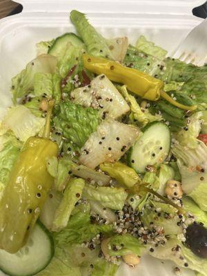 "Greek salad with tabbouleh" allegedly. Yikes.