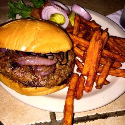 Monday burger special w/grilled onions & sweet potato fries