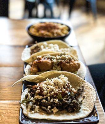 #steaknews taco, big shrimpin' taco, and the clusterduck taco in that order. With a side of off the cob street corn.