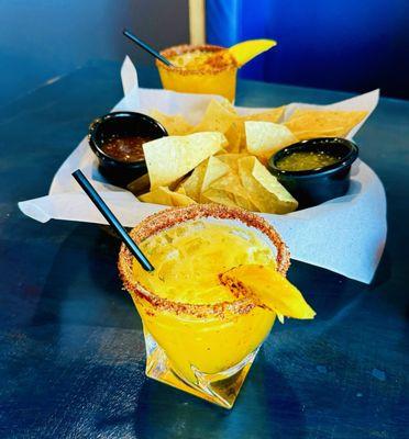 Mango Margaritas with tajin on the rim + Chips + Red& Green Salsa = Perfection