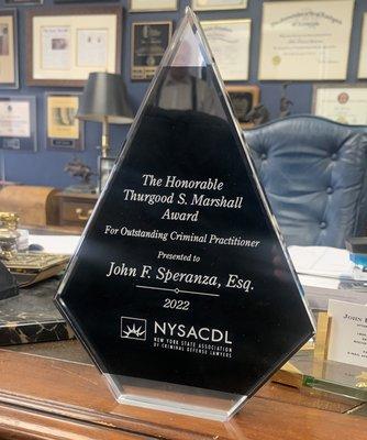 John Speranza was the recipient of the 2022 Honorable Thurgood S. Marshall Award for Outstanding Criminal Practitioner by NYSACDL