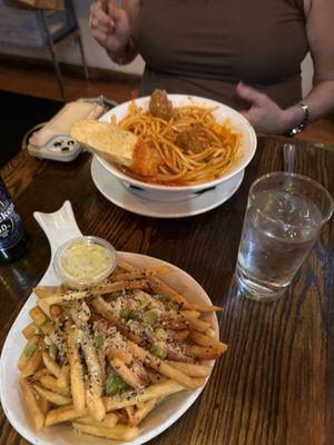 Crispy Truffle Fries and spaghetti and Maes Famous Meatballs (Featured on GMA)