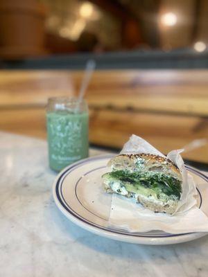 Iced Lavender Matcha & Evergreen Bagel (1/2)