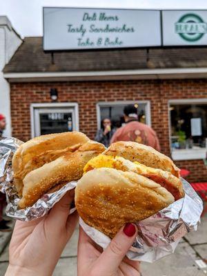 Fried egg, salami, basil mayo on English muffins