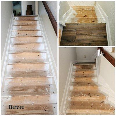 Karastan carpet installed on stairs. COREtec luxury vinyl, installed on landing and floors. This is the before image, see after image.