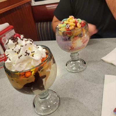 Reeses pieces sundae and raspberry crunch sundae