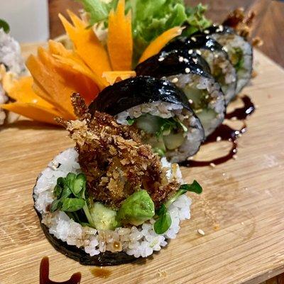 Spider Roll ($14.25) - soft shell crab, avocado, cucumber, sprouts, carrot, masago, and sweet sauce