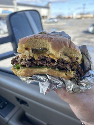 Double smashburger with all the regular toppings.