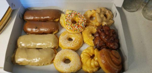 Chocolate/Maple bars, sugar, frosted w/sprinkles, old fashioned, buttermilk, curlers, apple fritters, cinnamon rolls.