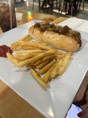 Chili cheese brat with regular fries