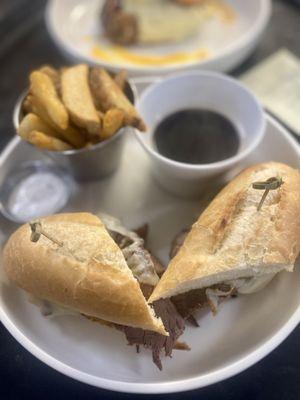 French Dip with Au Jus and steak Fries