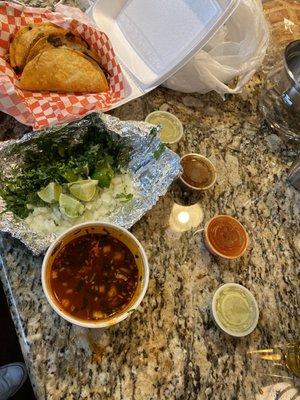 Cilantro, onions, limes, and AMAZING salsas