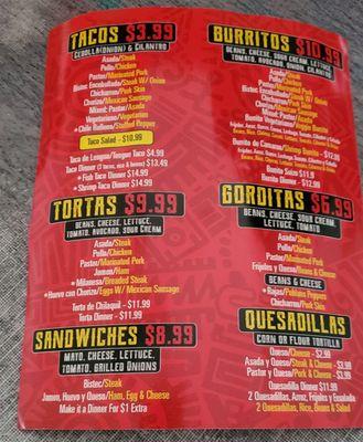 Taco and Burrito Menu