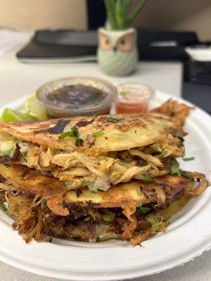 Close up of the Chicken and pork Birria tacos