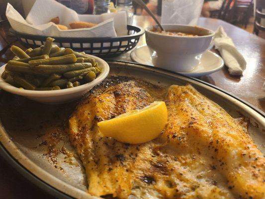 Broiled catfish. Brunswick stew. String beans.