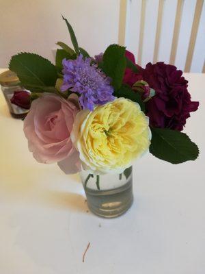 Today's freshcut flowers from our garden. Rose bushes purchased from Sunnyside Nursery.