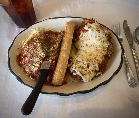 Chicken parmigiana with angel hair pasta at Mattina Bella