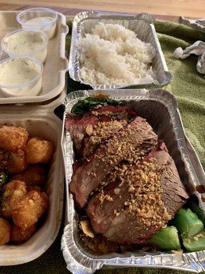 Brisket & Broccoli / Tatertots with Miso Ranch / Rice