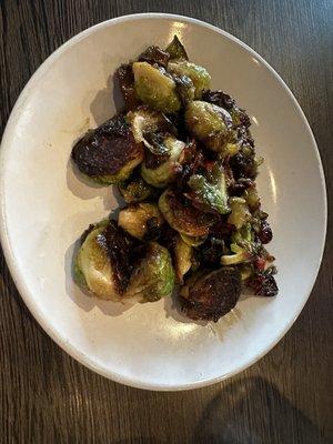 OMG!  These Brussels Sprouts were the Bomb!! Brussels Sprouts Pan roasted with caramelized onions, bacon, and jalapeño relish