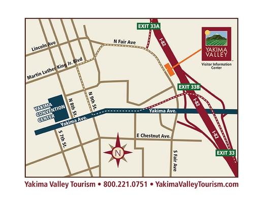 Map to the Yakima Valley Visitor Information Center, 101 N Fair Ave, Yakima, WA 98901 (Google is wrong, use this).