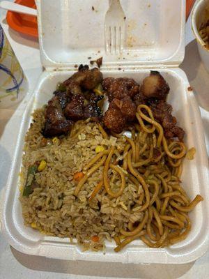 Chow mein, bbq pork, rice.