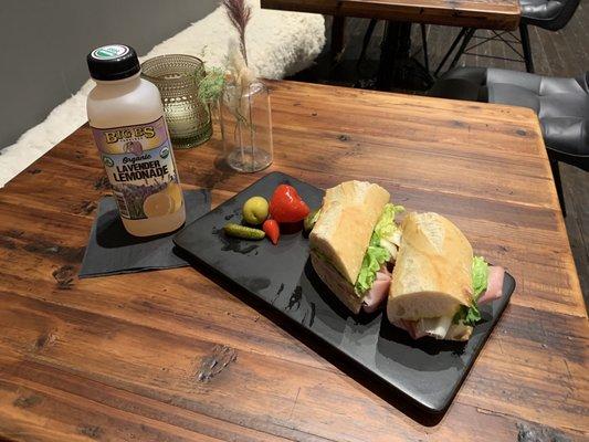 Mortedalla sandwich with a Big Bs Lavender Lemonade- wonderful sandwiches every time!