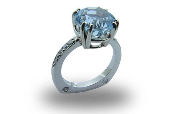 !4kt Blue Topaz and Diamond Ring Handcrafted in 14kt White Gold