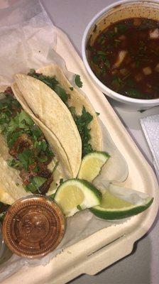 Carnitas tacos and Consome