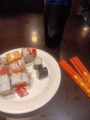 Variety of Sushi  with sweet tea