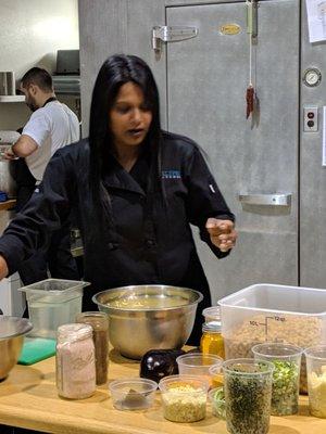 Chef Sarah demos batter preparation for eggplant fritters with mango chutney and tamarind sauce.