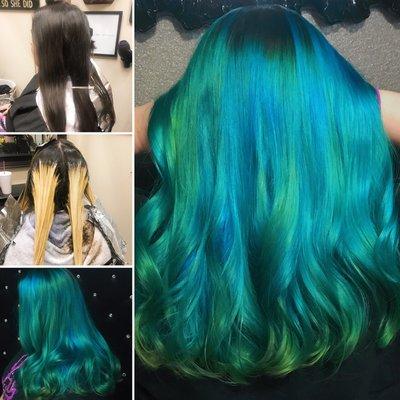 Lifted her up with PulpRiot lightener and 30vol, and applied Joico Intensity's Limelight and True Blue to achieve this prismatic colormelt.