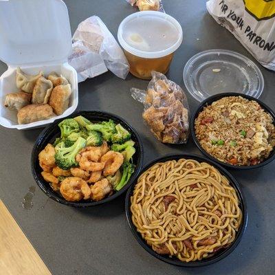 Fried pork dumplings, wonton soup, shrimp with broccoli, roast pork fried rice, roast pork lo mein.