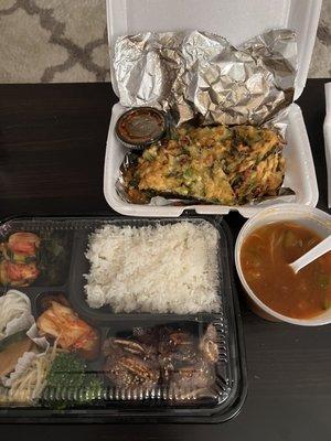 Korean Style Grilled Beef Ribs and Soybean Paste Stew Combo; Seafood and Green Onion Pancake