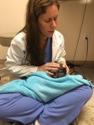 Dr. Vanessa patiently on the floor with our timid cat.