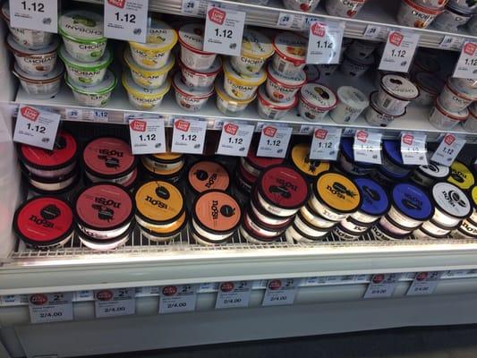 Bottom shelf...best yogurt! and this hyvee has plenty of flavors :)