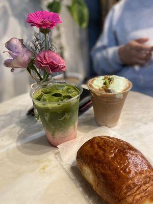 Iced berry matcha latte & iced pistachio cream latte